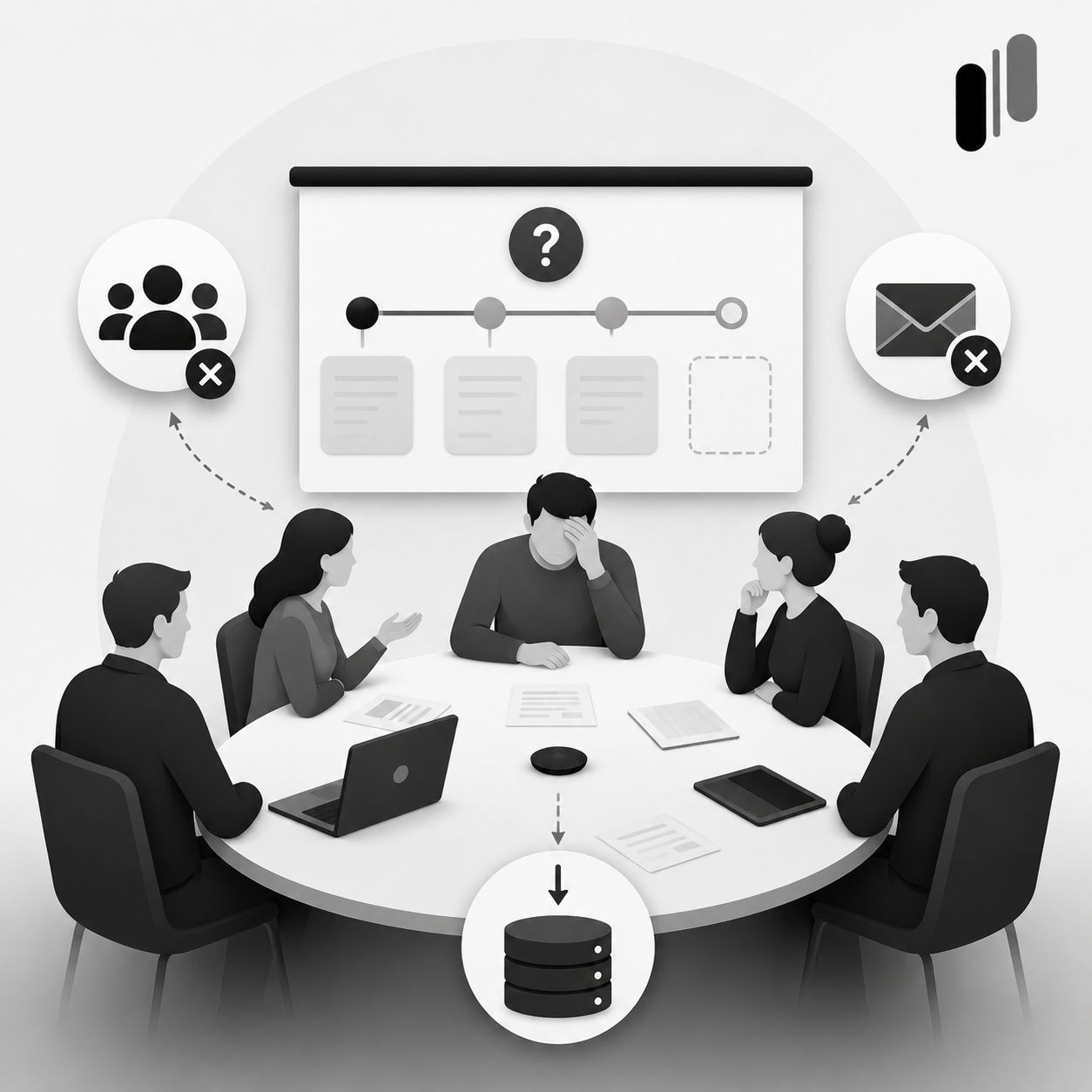 CAB meeting with a frustrated product manager, a roadmap full of question marks on screen, ignored team members, and feedback going straight into a database silo CAB meeting with a frustrated product manager, a roadmap full of question marks on screen, ignored team members, and feedback going straight into a database silo