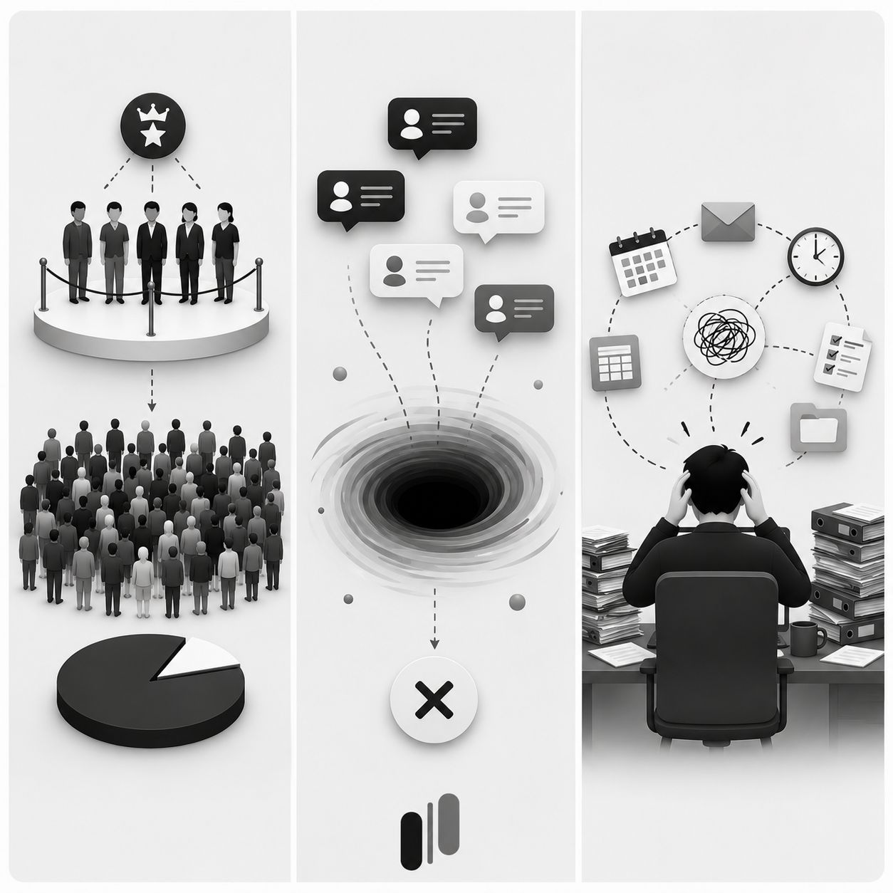 Three-panel illustration showing the CAB model's three critical flaws: sampling bias with VIP users vs. the broader crowd, the black hole effect where feedback disappears, and operational overhead from manual scheduling Three-panel illustration showing the CAB model's three critical flaws: sampling bias with VIP users vs. the broader crowd, the black hole effect where feedback disappears, and operational overhead from manual scheduling