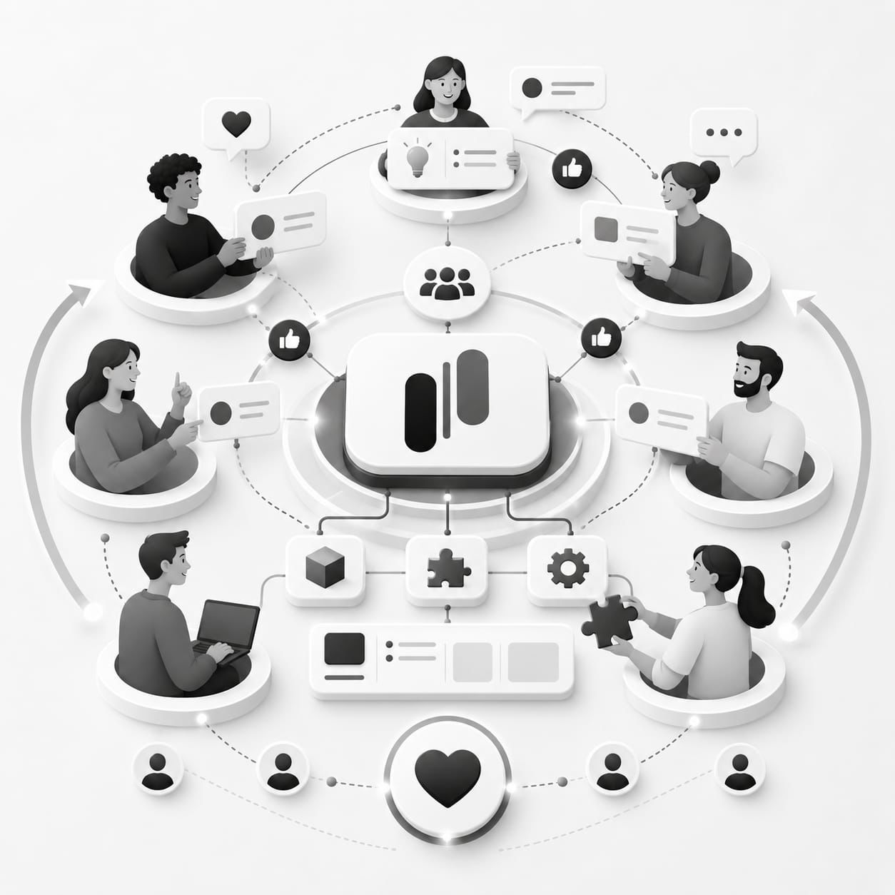 Diverse group of users arranged in a circle around a central MonkFeed hub, each contributing feedback, upvotes, and ideas — illustrating a community of active co-creators Diverse group of users arranged in a circle around a central MonkFeed hub, each contributing feedback, upvotes, and ideas — illustrating a community of active co-creators