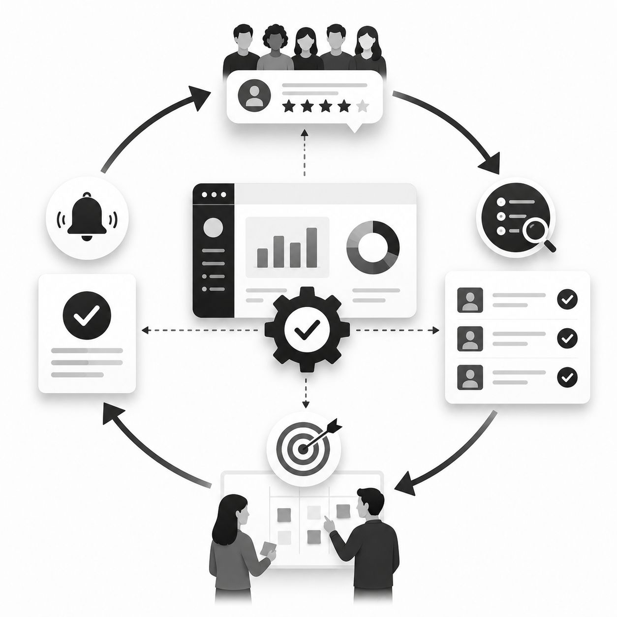 Circular diagram showing the full feedback lifecycle: users submit star-rated reviews, a dashboard analyzes and prioritizes, a team plans the roadmap, a gear processes the work, users get notified, and the cycle closes with a bell notification Circular diagram showing the full feedback lifecycle: users submit star-rated reviews, a dashboard analyzes and prioritizes, a team plans the roadmap, a gear processes the work, users get notified, and the cycle closes with a bell notification