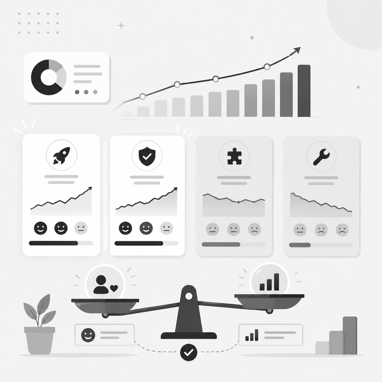 Dashboard showing a pie chart and growth bar chart above four scorecards labeled scale up, keep and promote, investigate, and fix, with a balance scale weighing user sentiment against growth metrics Dashboard showing a pie chart and growth bar chart above four scorecards labeled scale up, keep and promote, investigate, and fix, with a balance scale weighing user sentiment against growth metrics