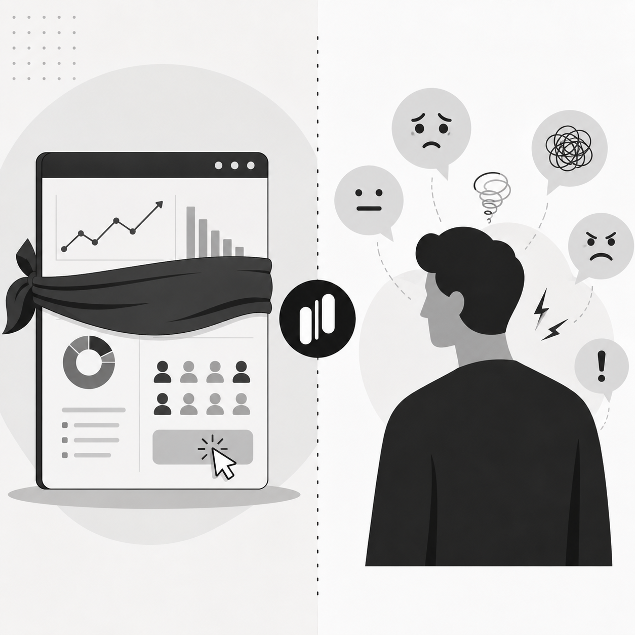Split illustration of a blindfolded analytics dashboard with charts and graphs on the left, and a frustrated user surrounded by confused and angry emoji reactions on the right Split illustration of a blindfolded analytics dashboard with charts and graphs on the left, and a frustrated user surrounded by confused and angry emoji reactions on the right
