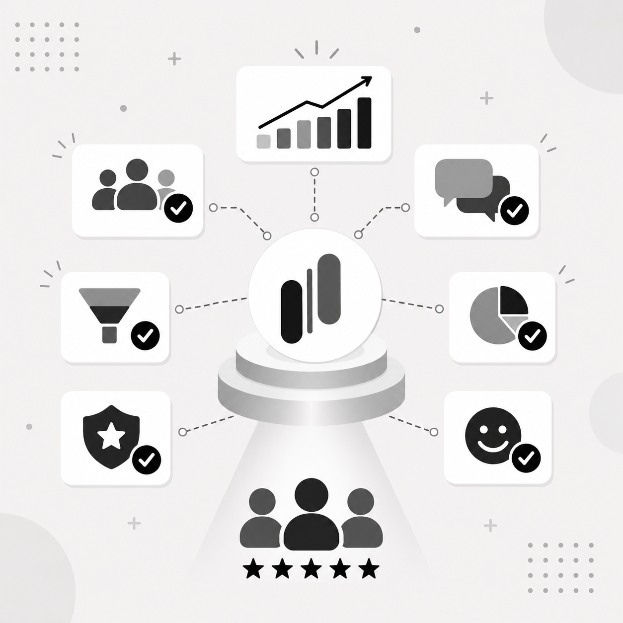 A central MonkFeed icon connected to eight metric cards covering audience, chat, funnel, pie chart, shield, sentiment, growth chart, and filtering, with a spotlighted crowd of five-star users below A central MonkFeed icon connected to eight metric cards covering audience, chat, funnel, pie chart, shield, sentiment, growth chart, and filtering, with a spotlighted crowd of five-star users below