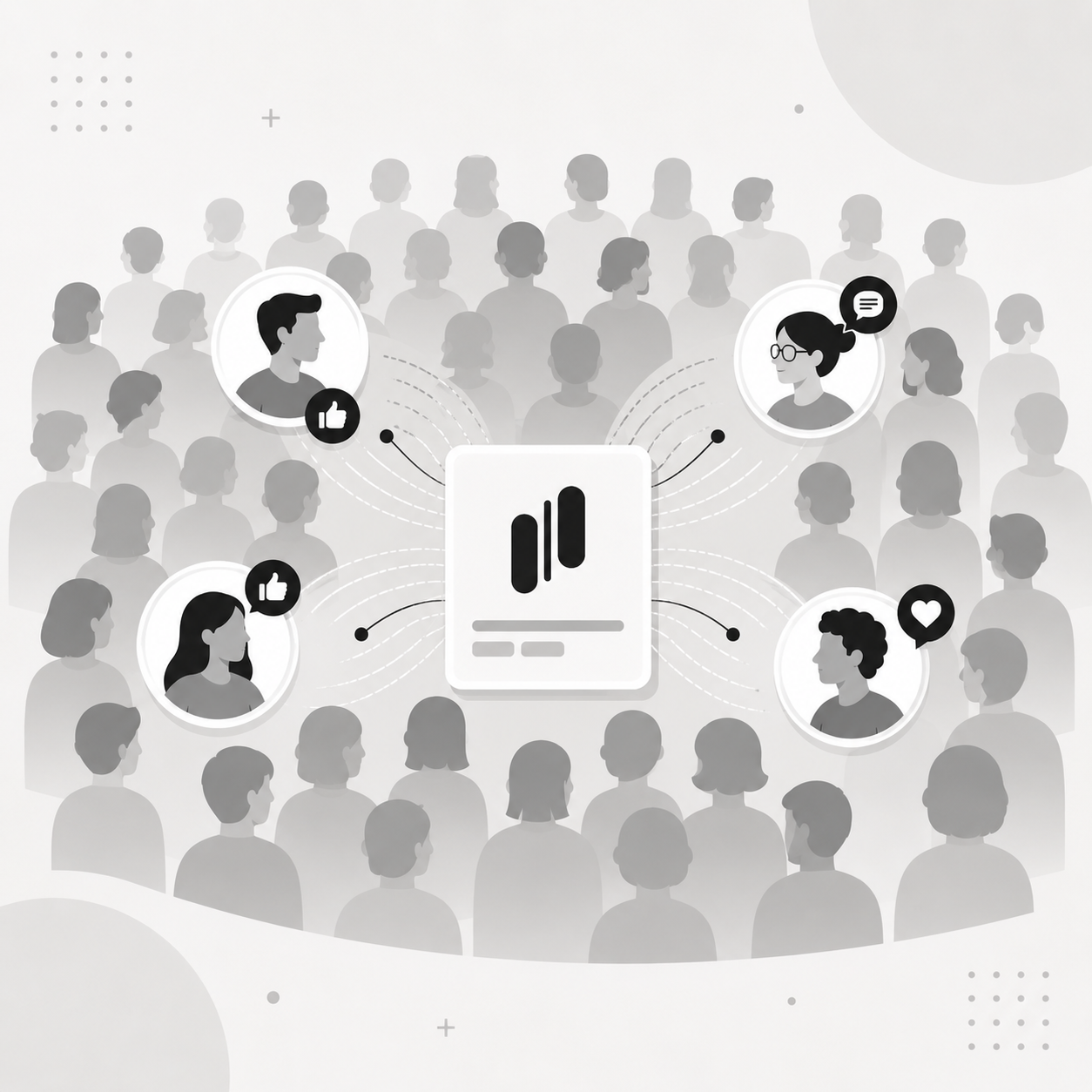 A large crowd of silhouetted people with four individual users highlighted in the center, each reacting with a thumbs up, comment, or heart around a central feedback card A large crowd of silhouetted people with four individual users highlighted in the center, each reacting with a thumbs up, comment, or heart around a central feedback card