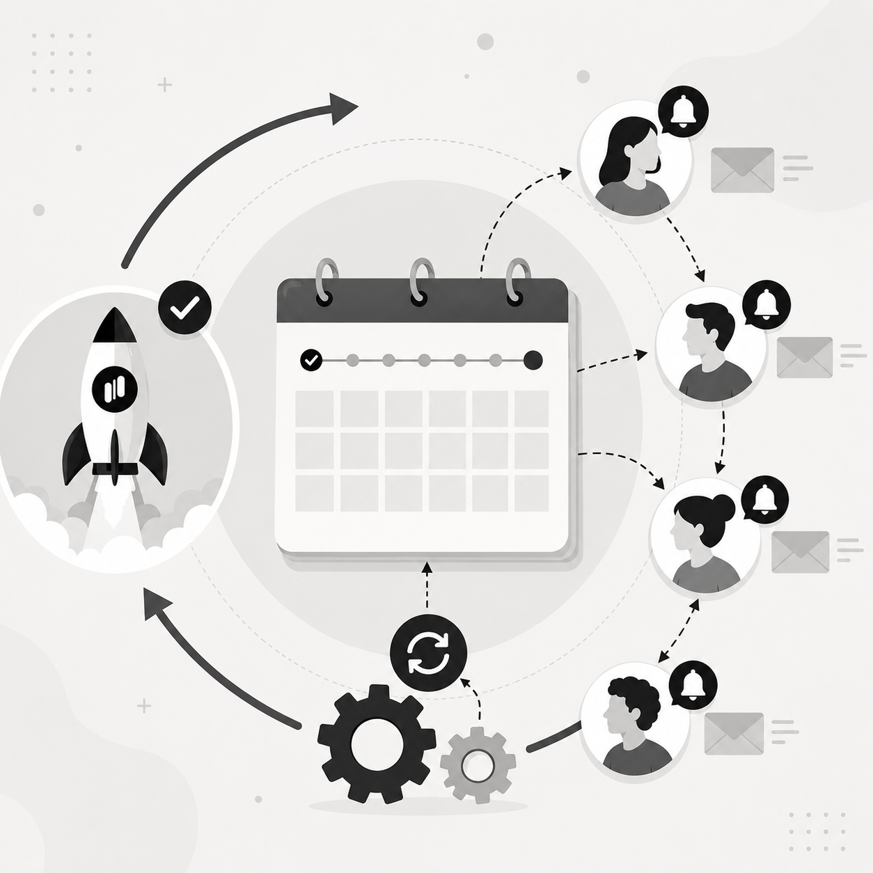 Diagram showing a rocket launch connected to a 14-day calendar timeline, which triggers notification bells and emails to four individual users Diagram showing a rocket launch connected to a 14-day calendar timeline, which triggers notification bells and emails to four individual users