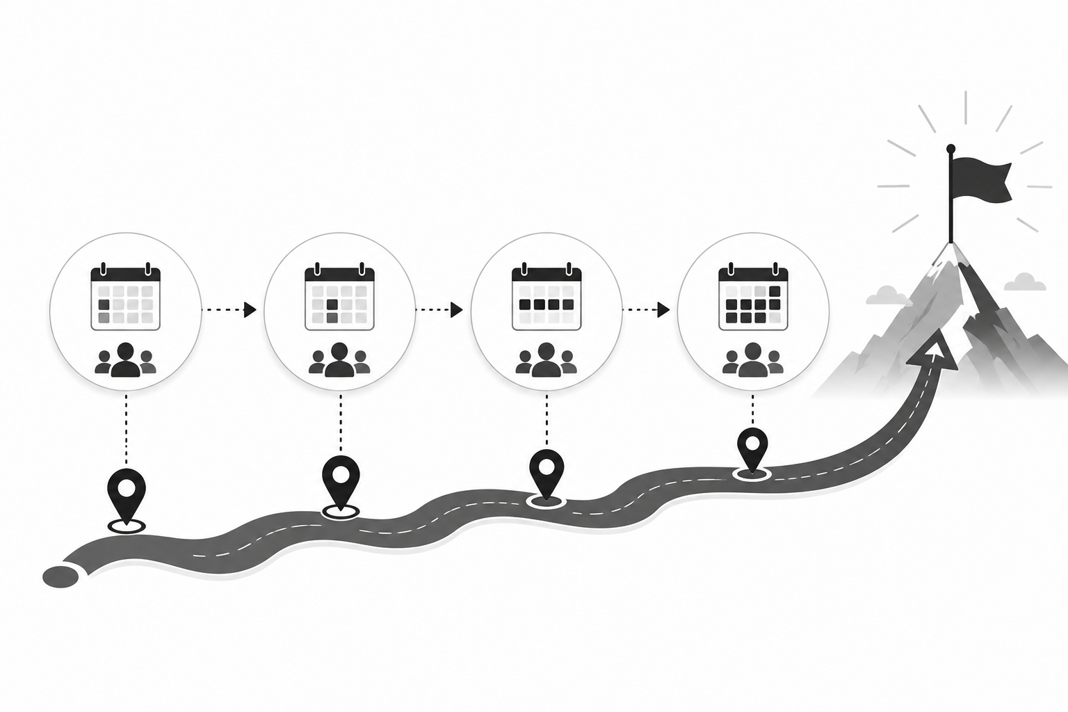 A four-week roadmap path with calendar and team icons leading up to a flag planted on a mountain summit A four-week roadmap path with calendar and team icons leading up to a flag planted on a mountain summit