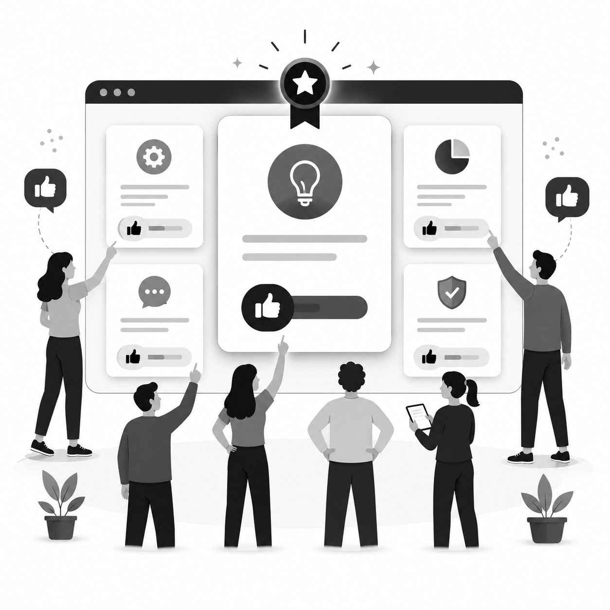 Crowd of people pointing at feedback cards on a screen with a star badge and central thumbs-up icon Crowd of people pointing at feedback cards on a screen with a star badge and central thumbs-up icon
