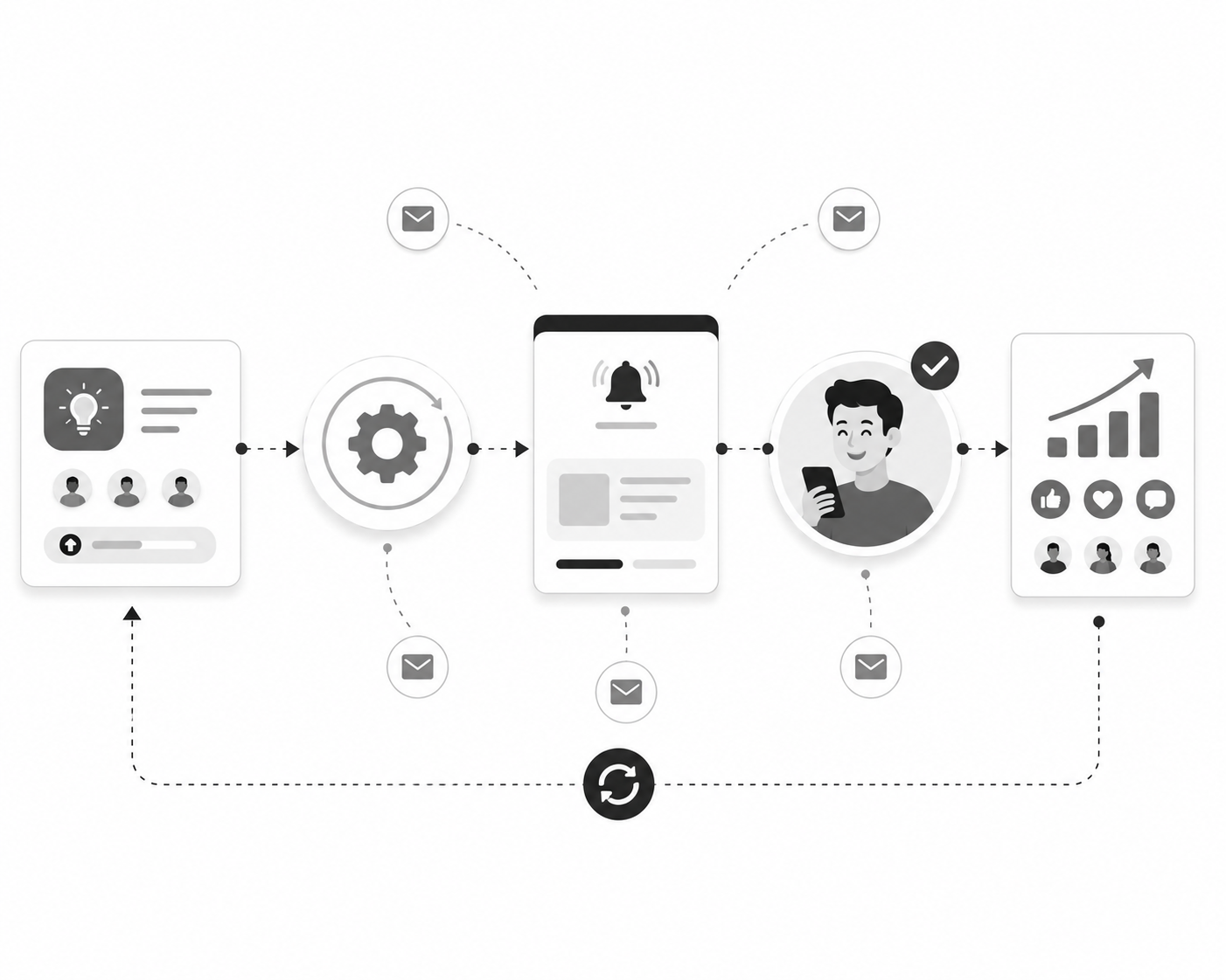 Automation chain showing a feature card moving through a gear icon to a notification bell, then to a notified user and a growth chart Automation chain showing a feature card moving through a gear icon to a notification bell, then to a notified user and a growth chart