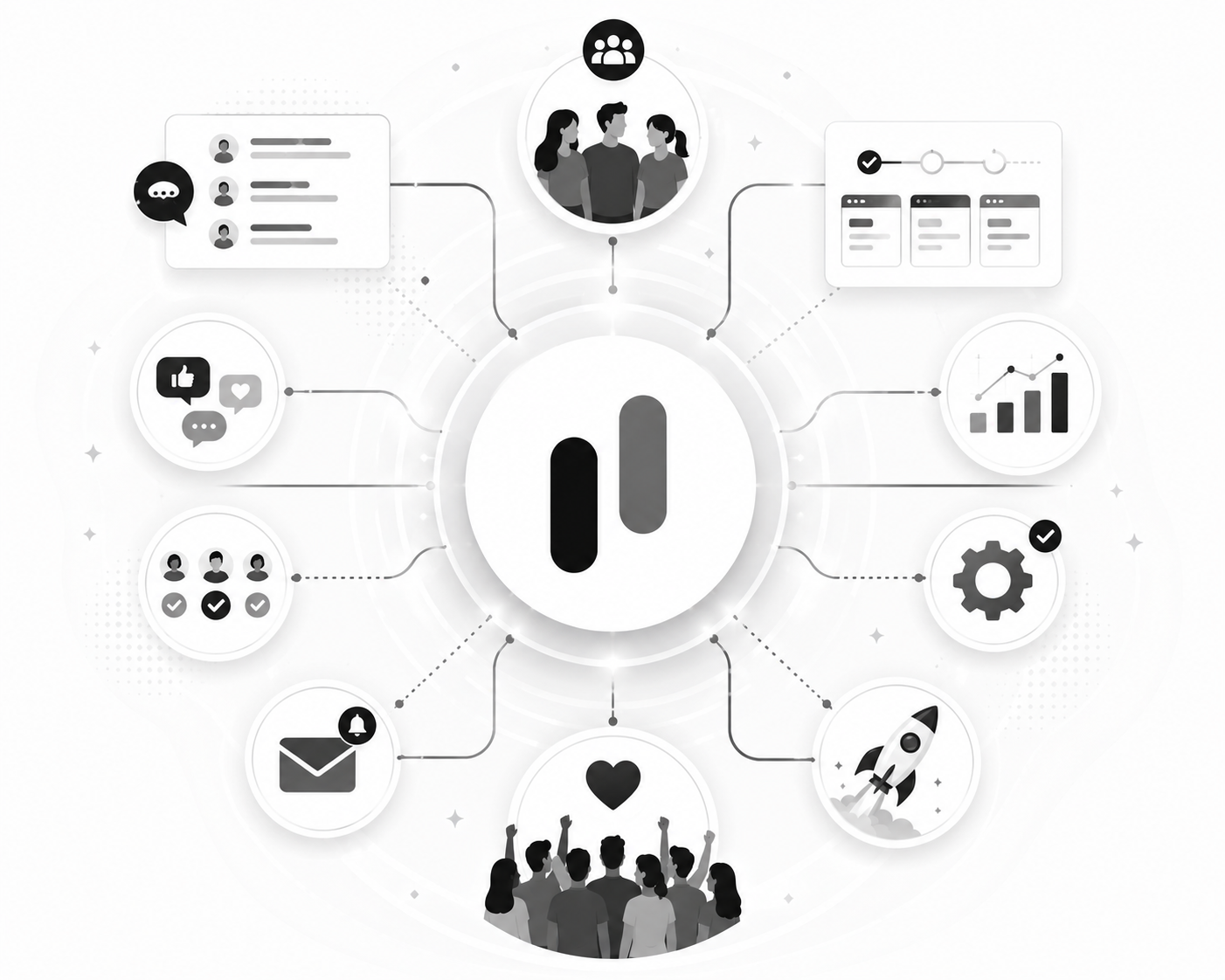 Central MonkFeed hub connected to community, roadmap status, analytics, automation settings, rocket launch, notifications, and a cheering crowd Central MonkFeed hub connected to community, roadmap status, analytics, automation settings, rocket launch, notifications, and a cheering crowd