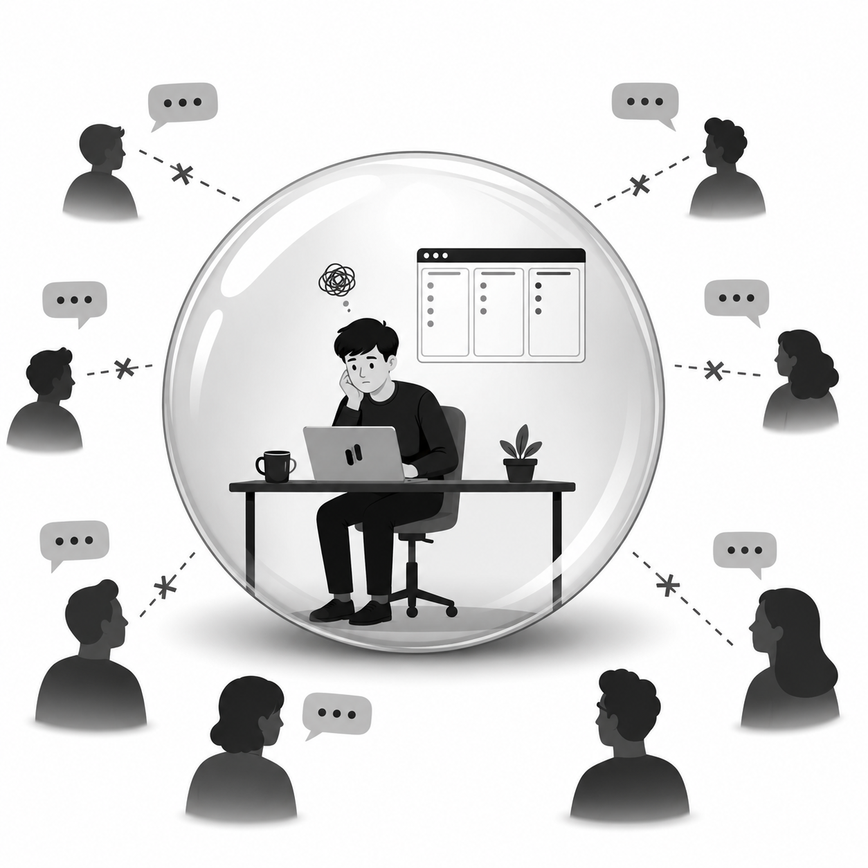 Solo founder sitting alone at a desk inside a glass bubble, disconnected from surrounding users whose messages are crossed out Solo founder sitting alone at a desk inside a glass bubble, disconnected from surrounding users whose messages are crossed out