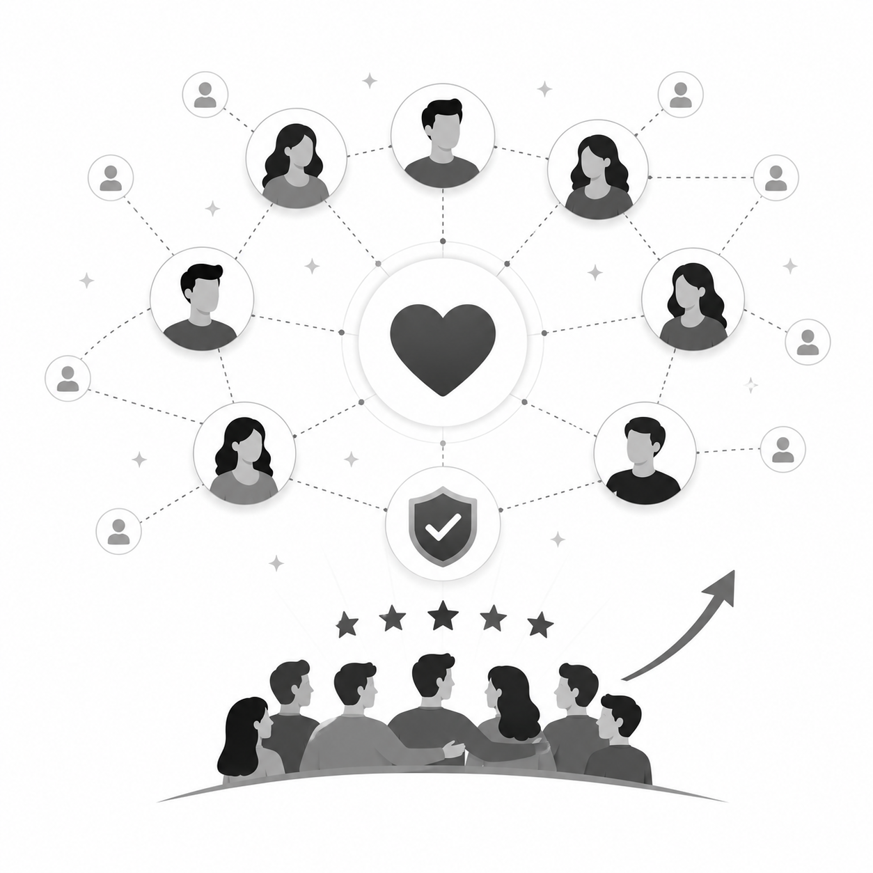 Network of users connected around a central heart icon and a shield checkmark, with a crowd cheering below a rising star rating Network of users connected around a central heart icon and a shield checkmark, with a crowd cheering below a rising star rating