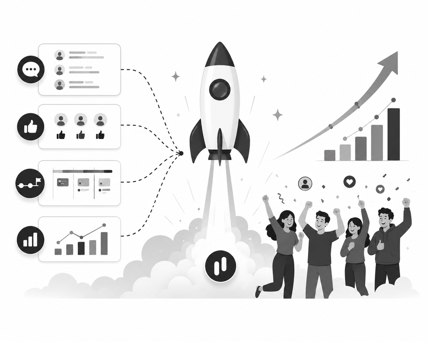 Rocket launching upward fed by feedback, votes, roadmap, and analytics panels, with a team celebrating below a rising growth chart Rocket launching upward fed by feedback, votes, roadmap, and analytics panels, with a team celebrating below a rising growth chart